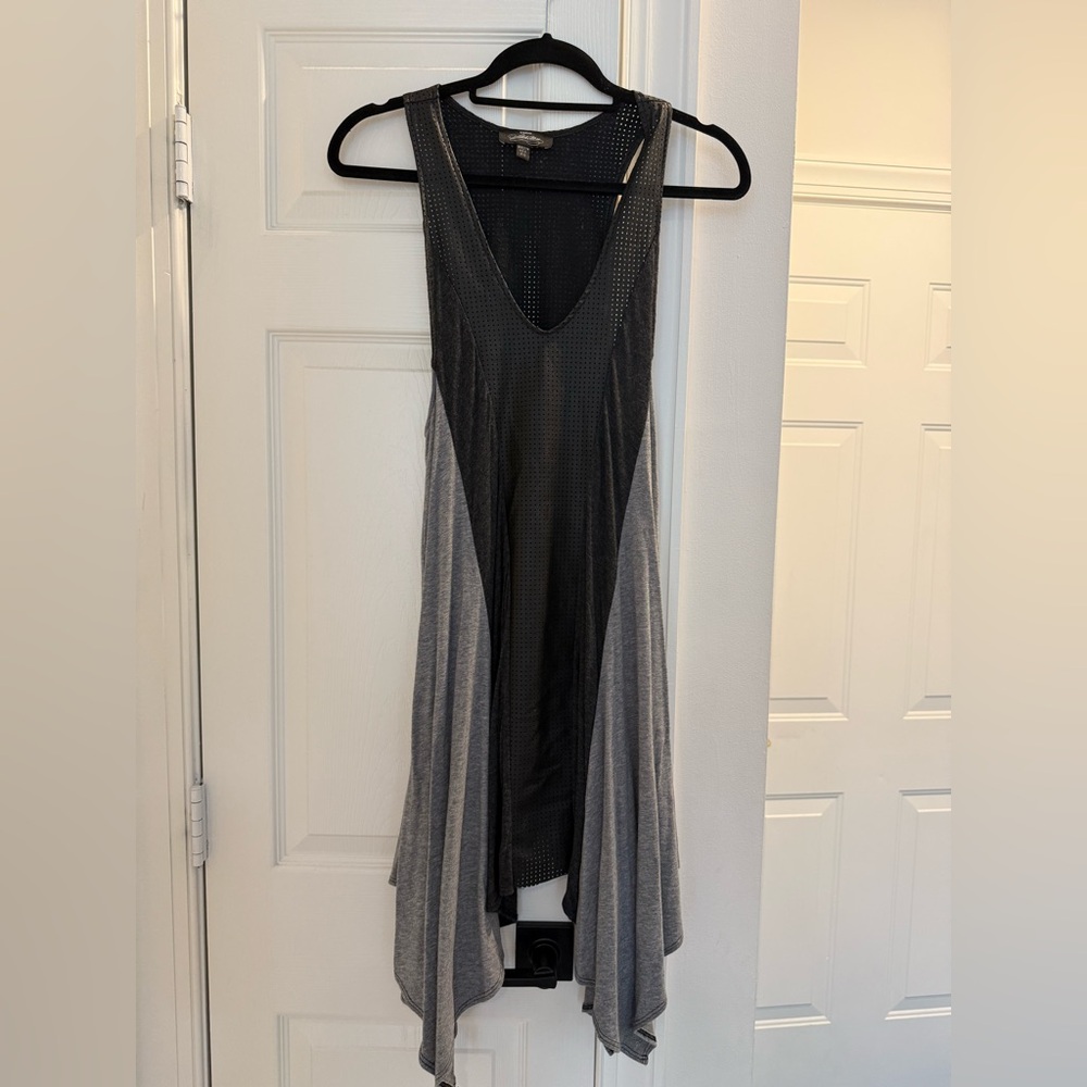 Stylish Gray and Black Sleeveless handkerchief dress with mesh panel